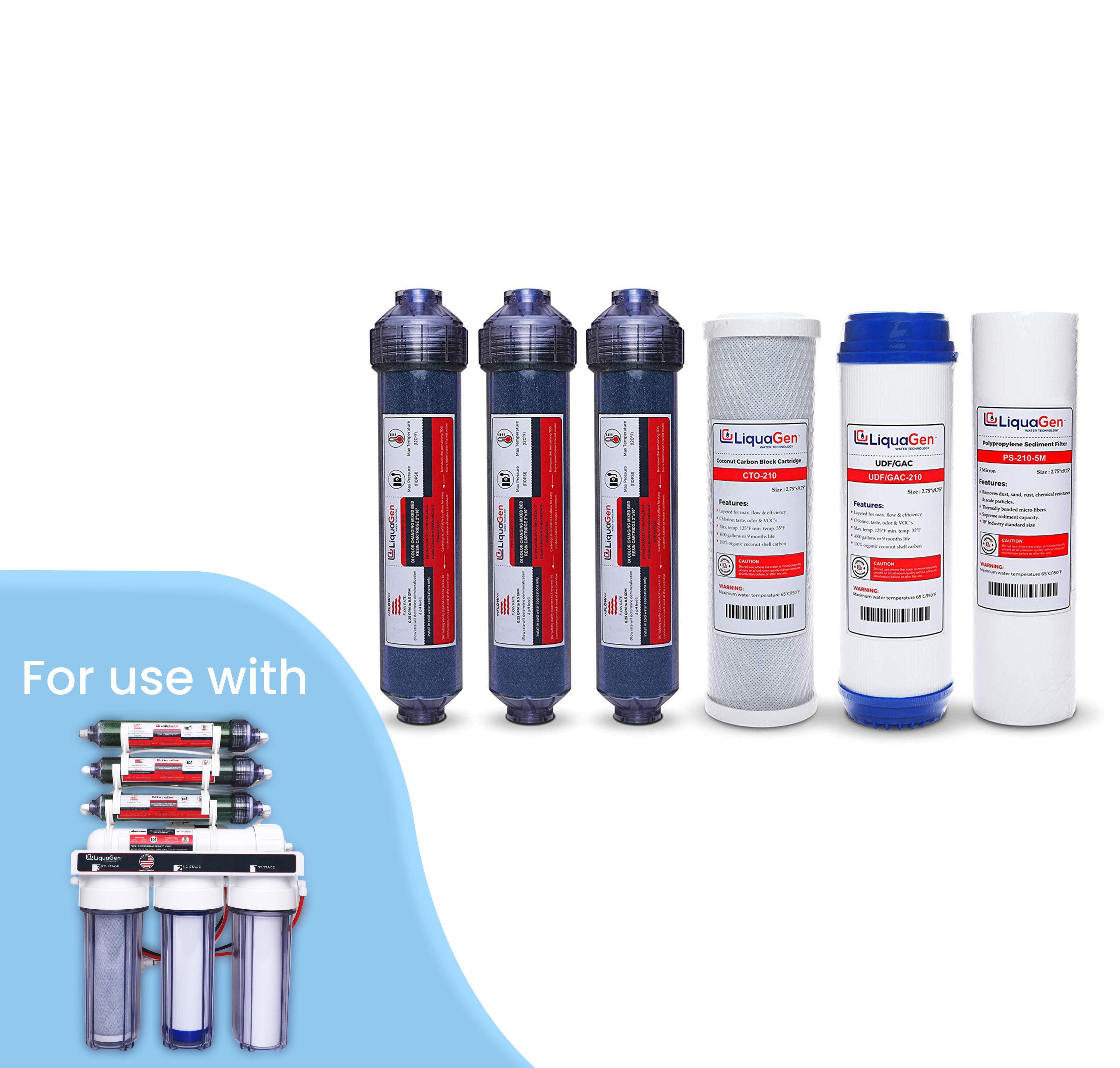 LiquaGen - 7 Stage RO/DI Yearly Replacement Filter Kit - Pre Filters with Inline Deionization - Stage 1,2,3,5,6 & 7 - LiquaGen Water