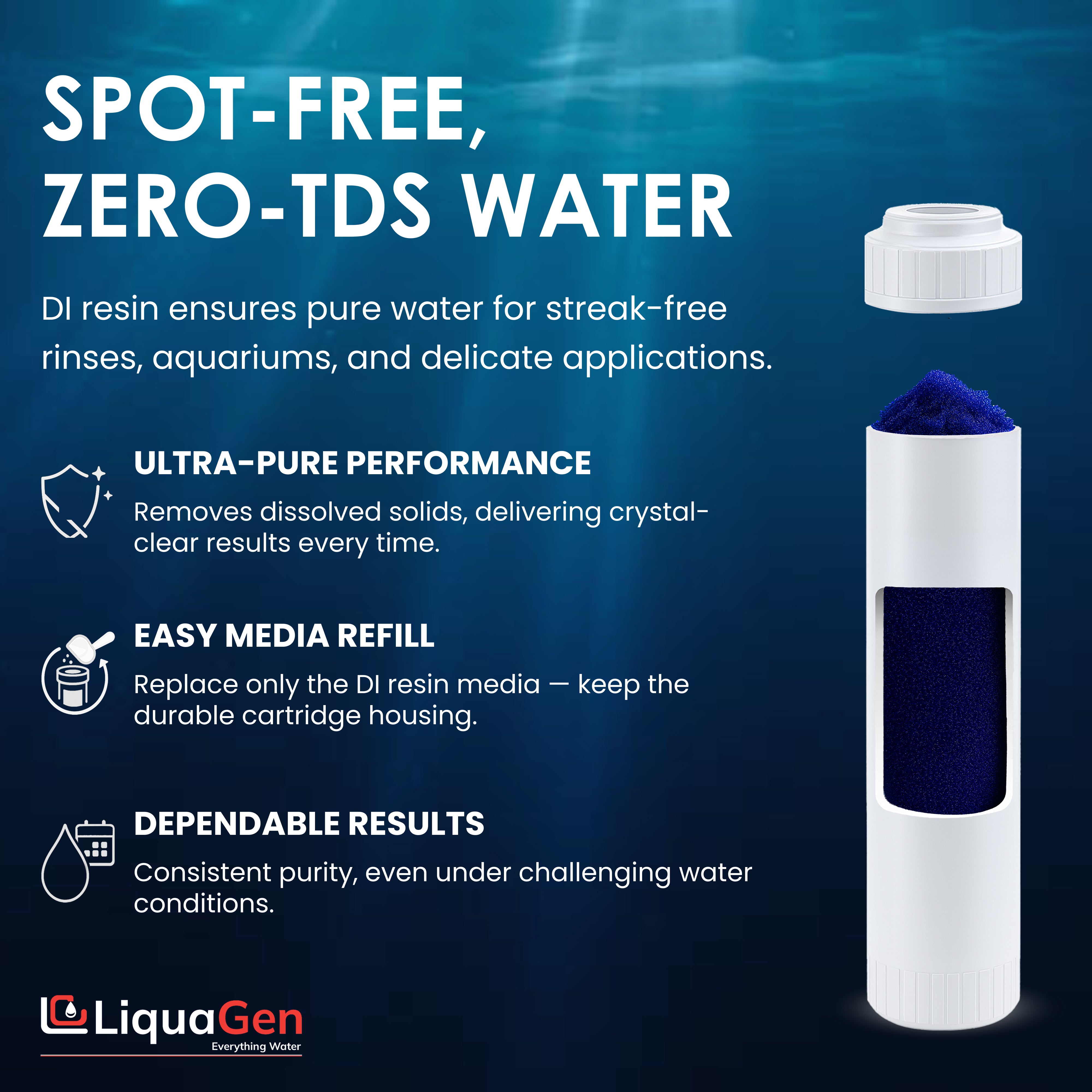 2.5" x 10" Mixed Bed DI Resin – Non-Color Changing, Spot-Free Washing - LiquaGen Water