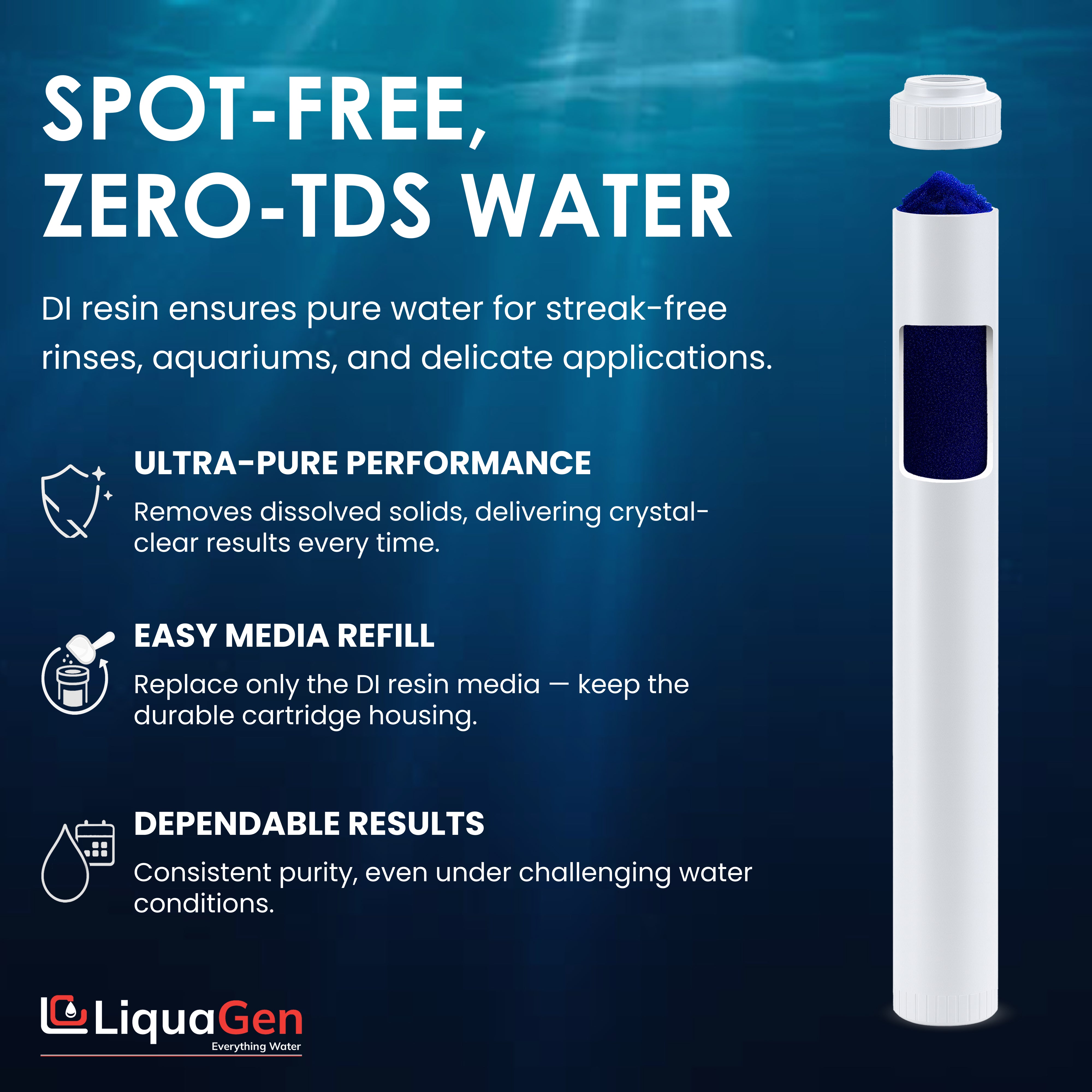 2.5" x 20" Mixed Bed DI Resin – Non-Color Changing, Spot-Free Washing - LiquaGen Water