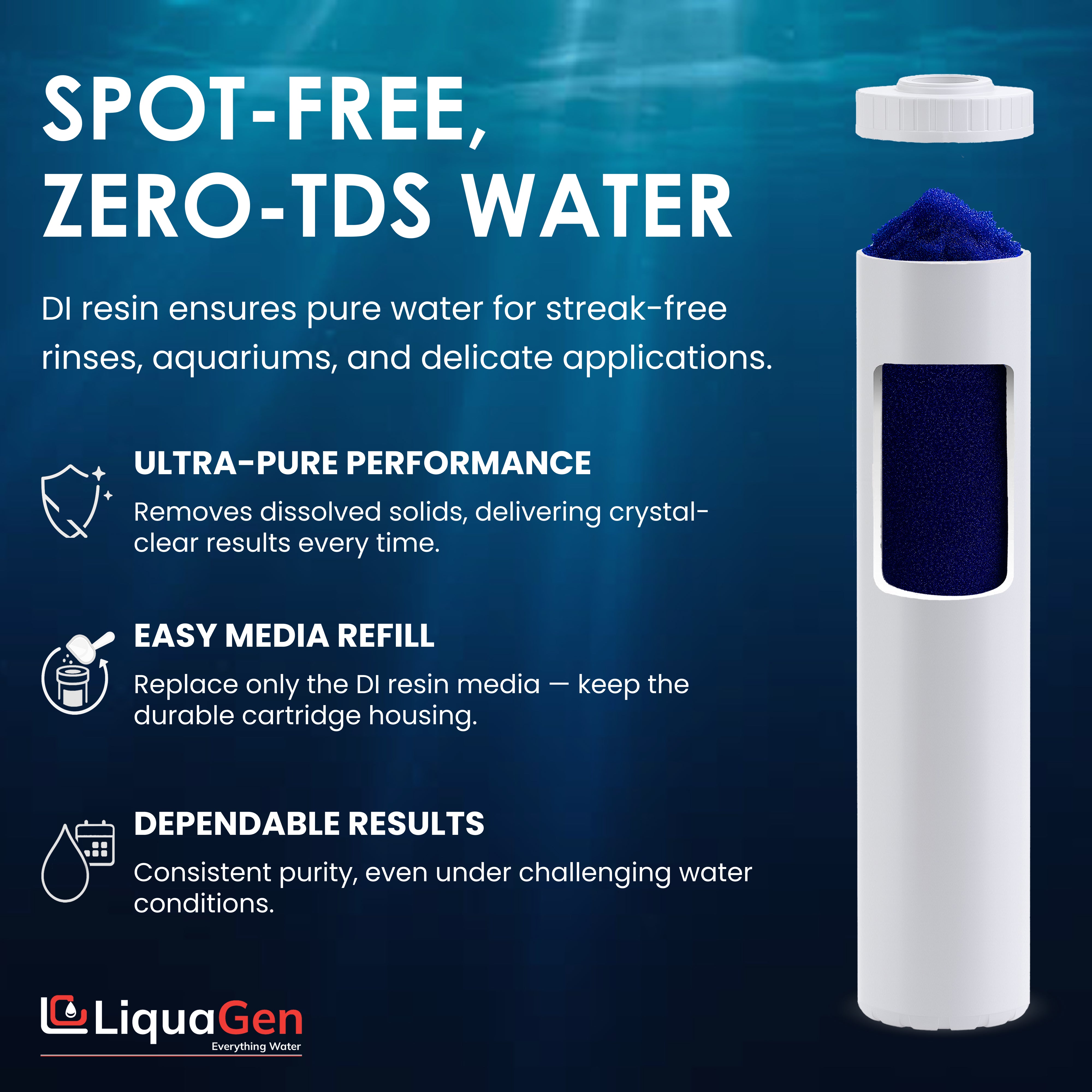 4.5" x 20" Mixed Bed DI Resin – Non-Color Changing, Spot-Free Washing - LiquaGen Water