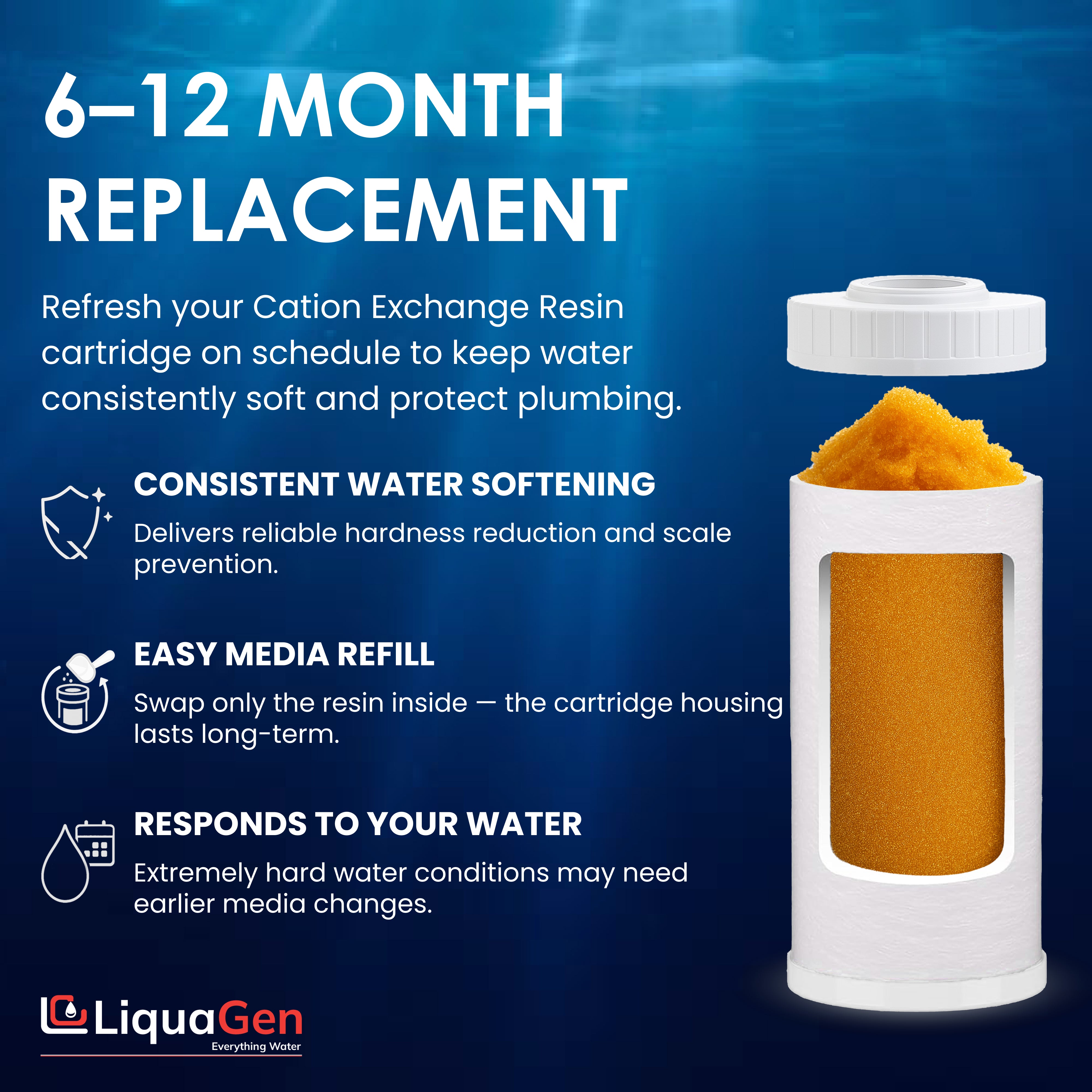 4.5" x 10" Cation Exchange Resin Filter Cartridge (Water Softening & Hardness Reduction) - LiquaGen Water