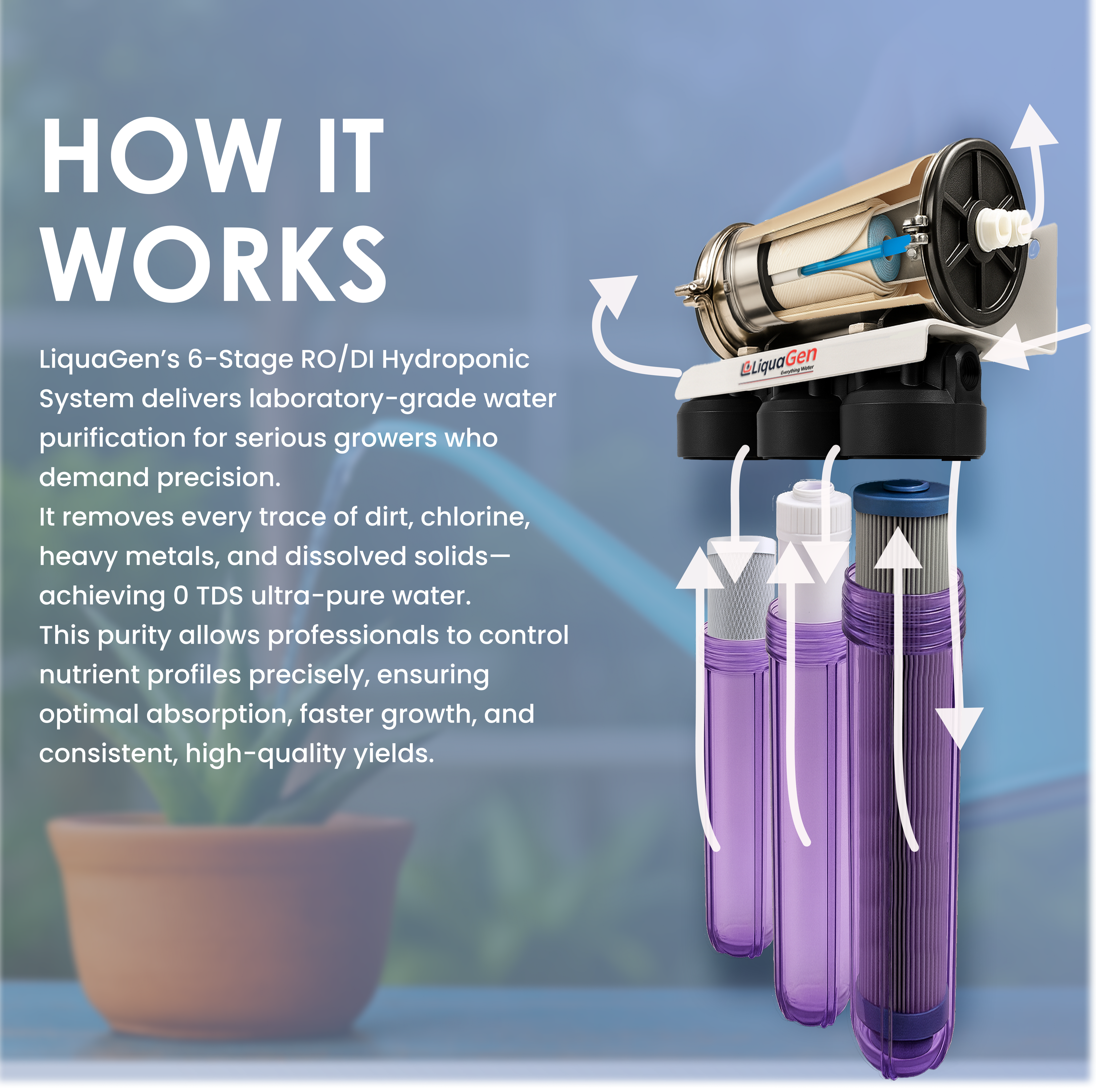 Hydroponics RO/DI System 1000 GPD 2.5" x 20" | 6 Stage Filtration - LiquaGen Water