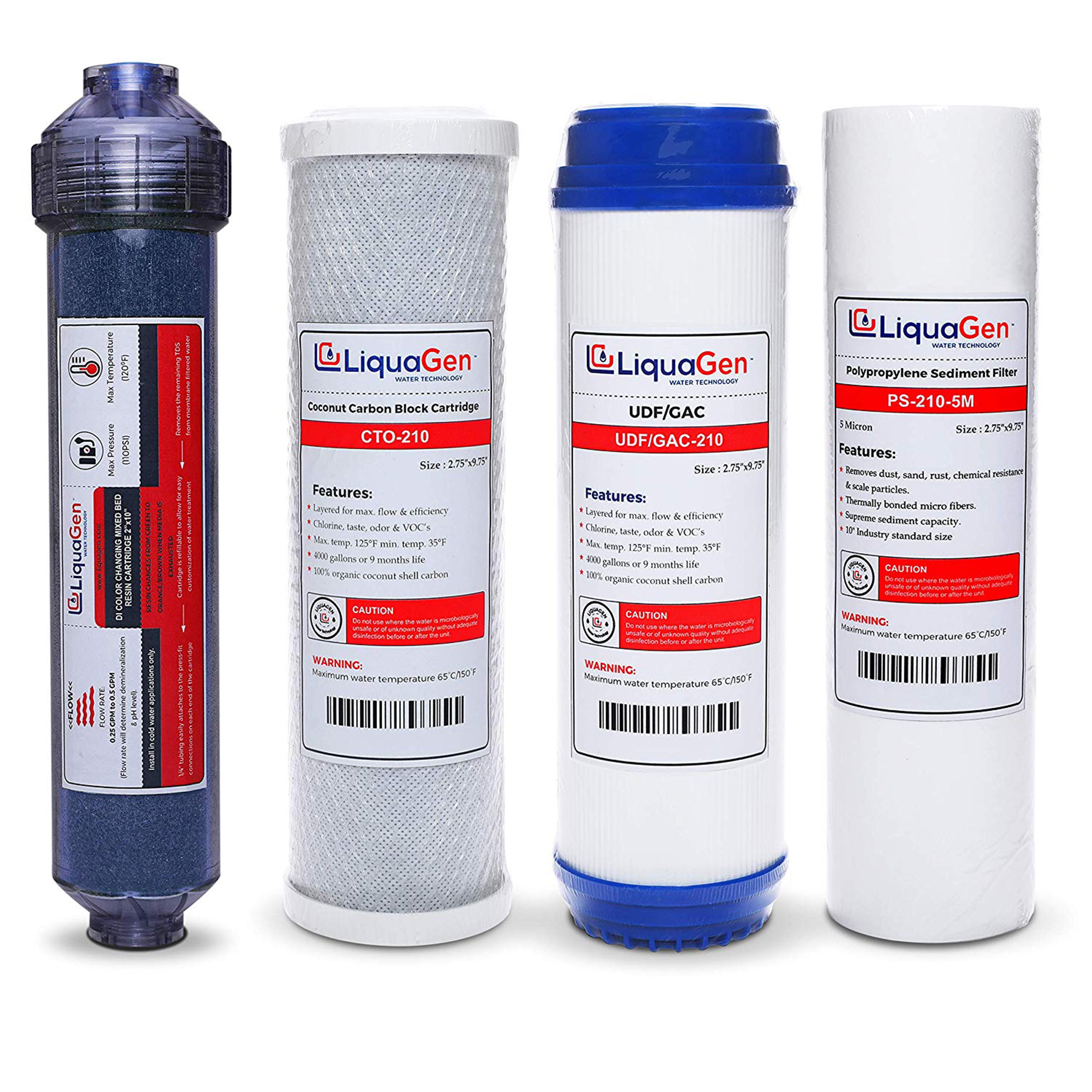 LiquaGen - 5 Stage RO/DI Yearly Replacement Filter Kit - Pre Filters with Inline Deionization - Stage 1,2,3,5