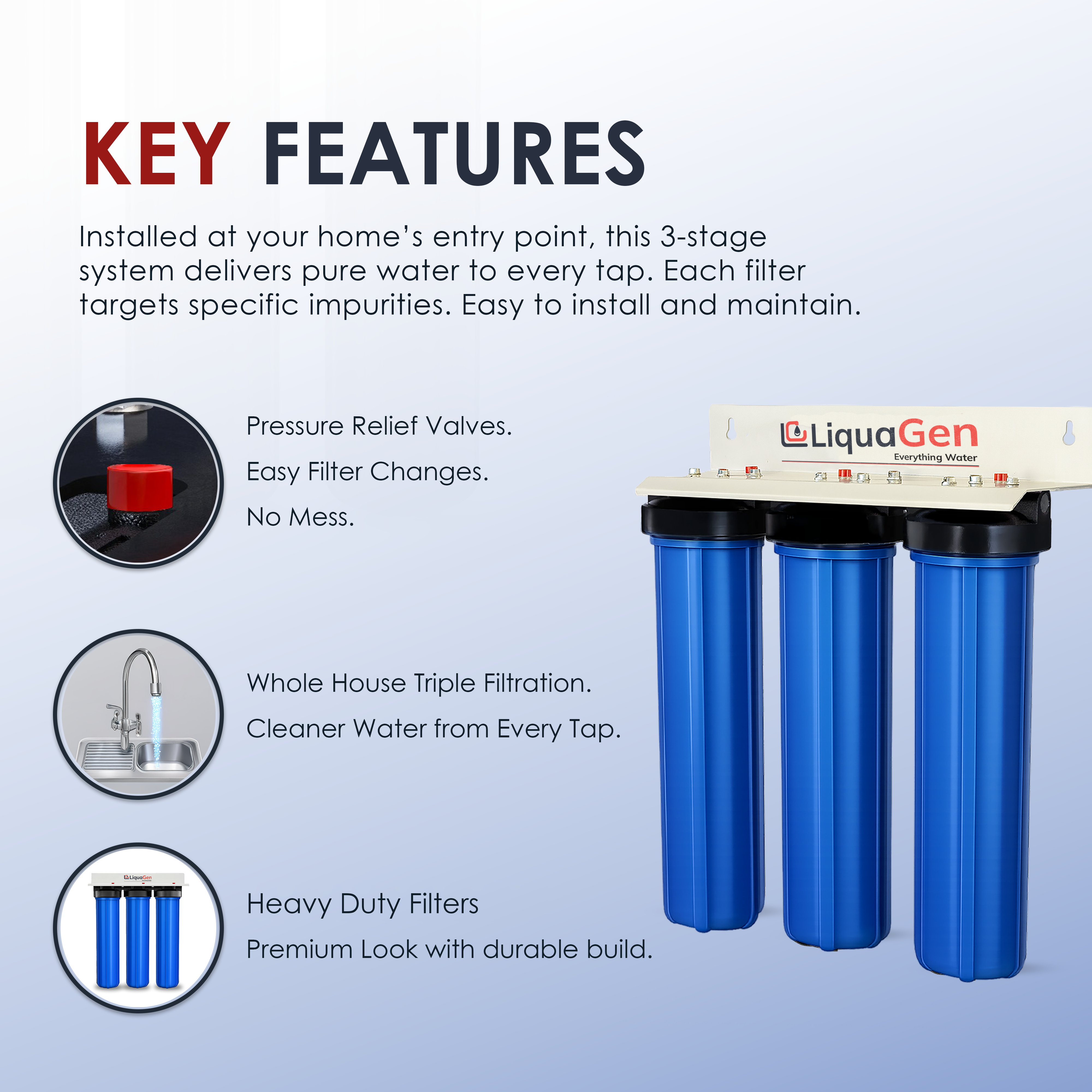 Salt-Free Water Conditioner (Softener Alternative) + 3 Stage Whole House Cartridge System - LiquaGen Water