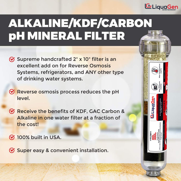 3 Stage - Inline Alkaline/KDF/Carbon Mineral Drinking Water Filter | 2" x 10" - LiquaGen Water