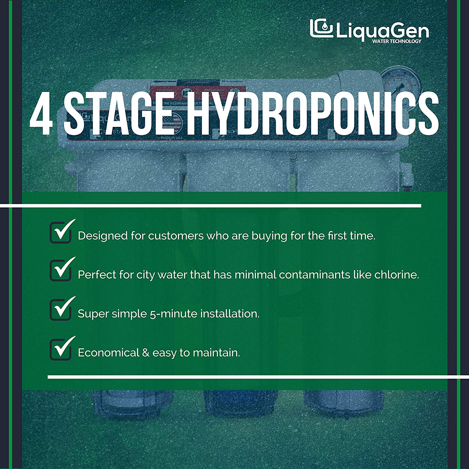 4- Stage Hydroponics RO Water Filter System - 100 GPD - LiquaGen Water