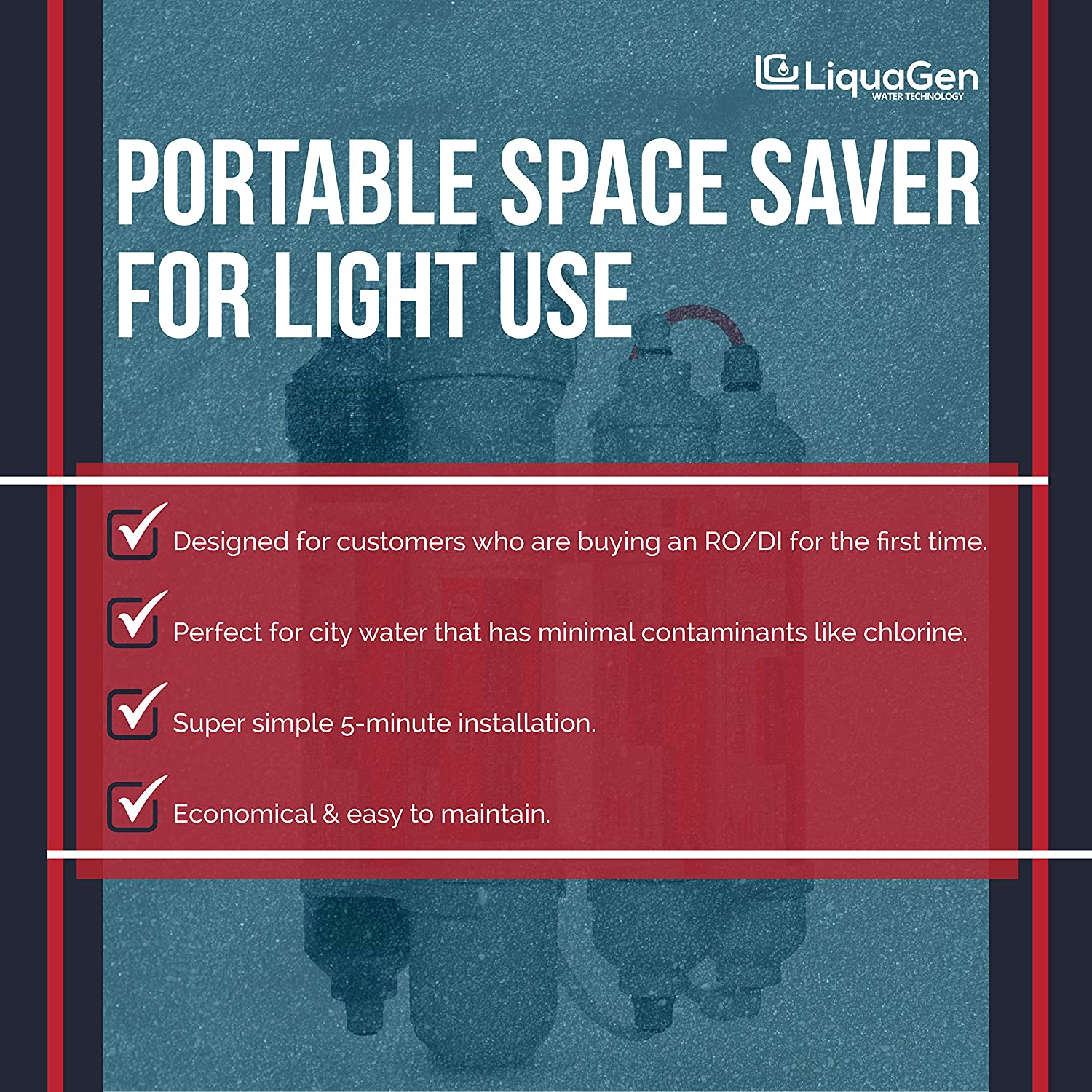 4-Stage Reverse Osmosis and Deionization RO/DI Portable Space Saver Water Filter System- 50 GPD - LiquaGen Water