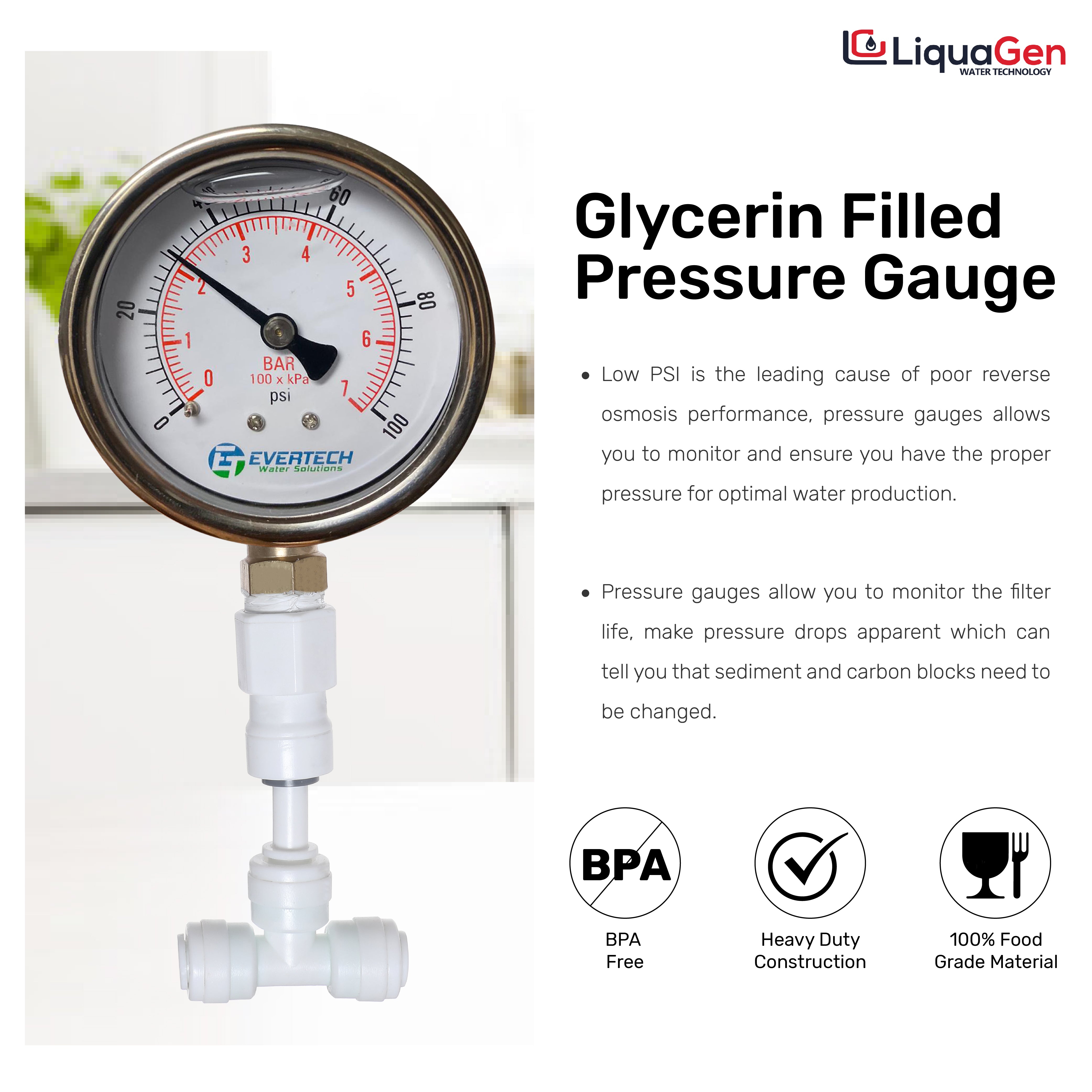 Glycerin Filled Pressure Gauge (1-100 PSI) + HM Digital TDS Meter + Tube Cutter - LiquaGen Water