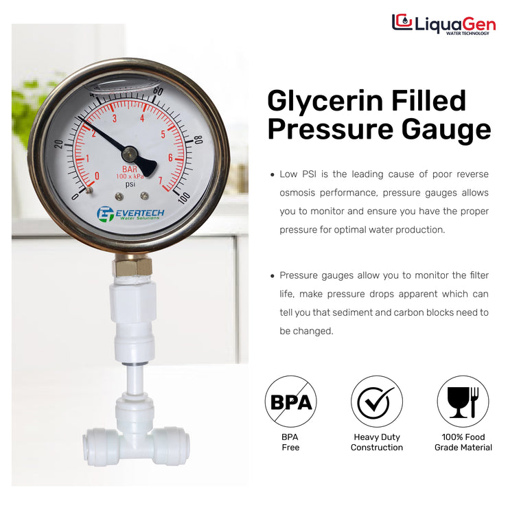 Glycerin Filled Pressure Gauge (1-100 PSI) + HM Digital TDS Meter + Tube Cutter - LiquaGen Water