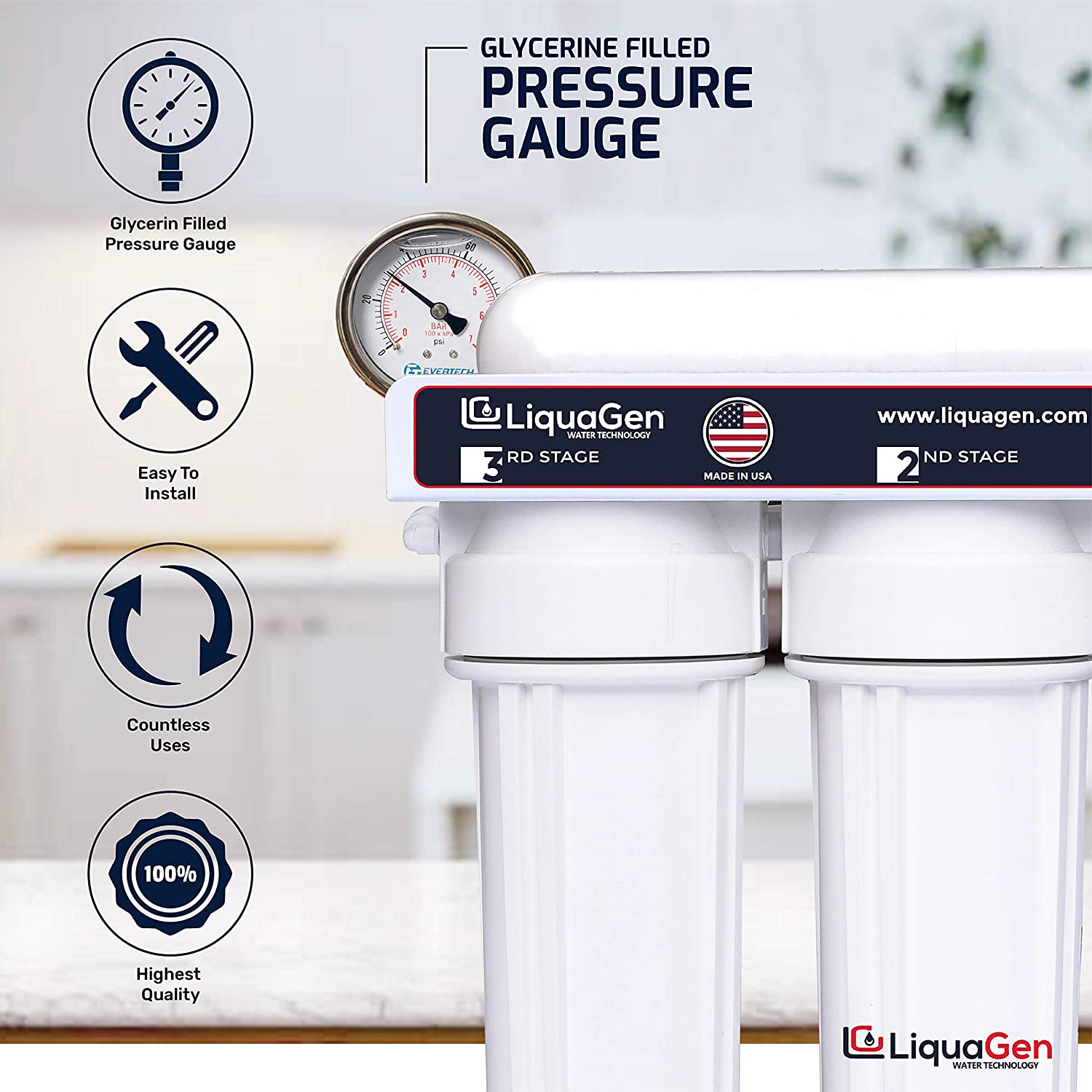 Glycerin Filled Water Pressure Gauge Kit 2.5" Dial 1-100 PSI w/ Install parts - LiquaGen Water