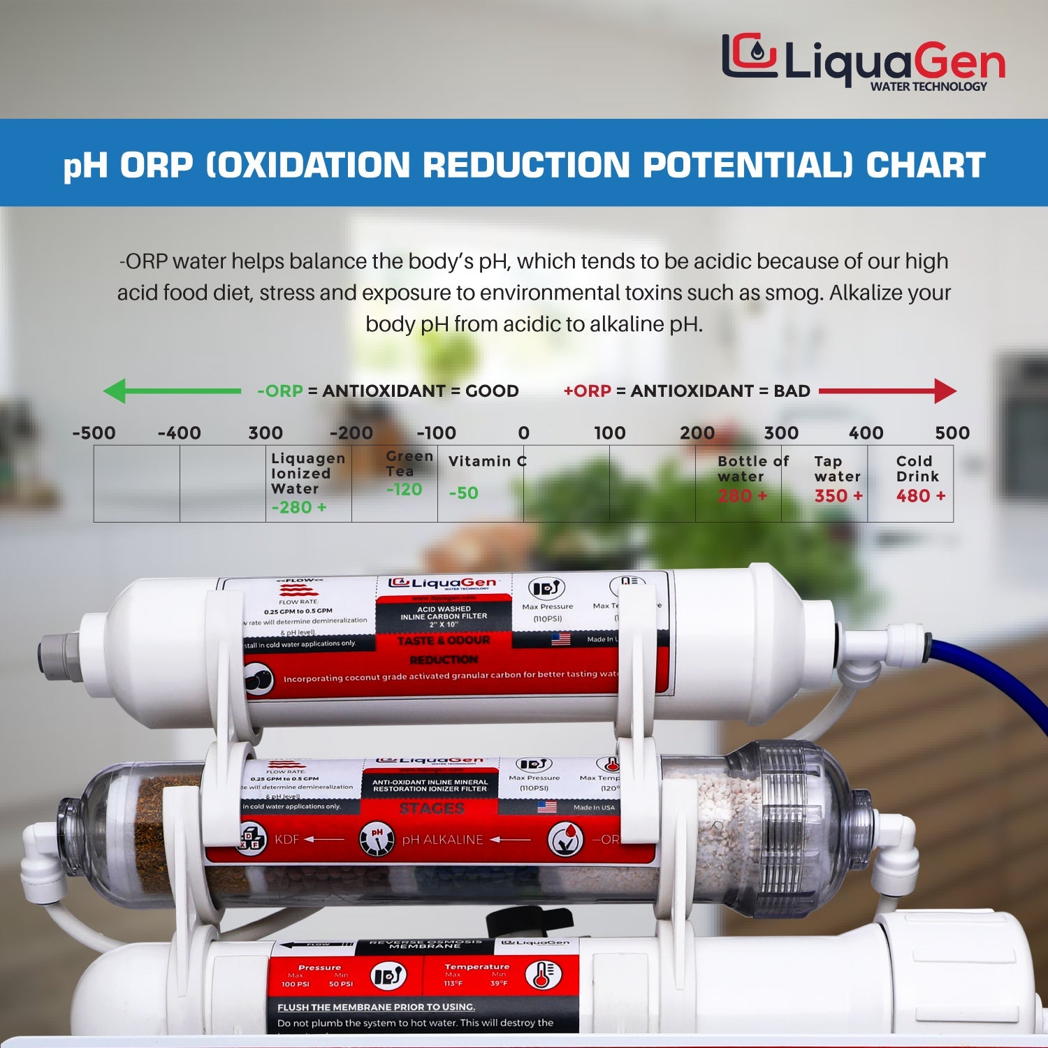 Anti-Oxidant Mineral Water Filter, - ORP + pH Alkaline - LiquaGen Water