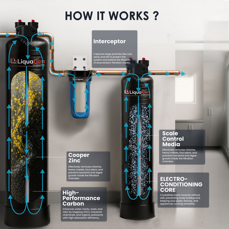 Salt-Free Water Conditioner & Descaler with Copper Zinc Filtration + Interceptor