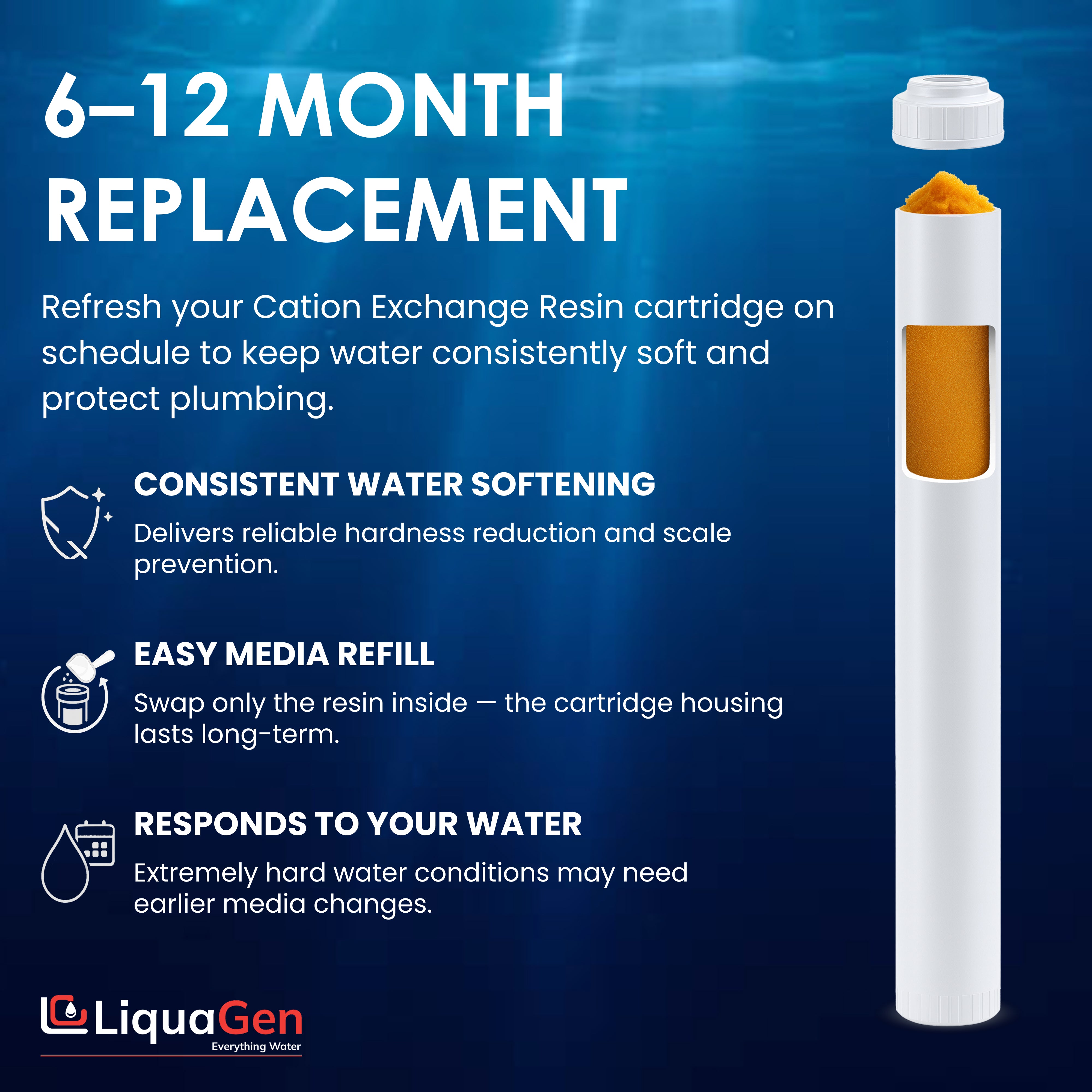 2.5" x 20" Cation Exchange Resin Filter Cartridge (Water Softening & Hardness Reduction) - LiquaGen Water