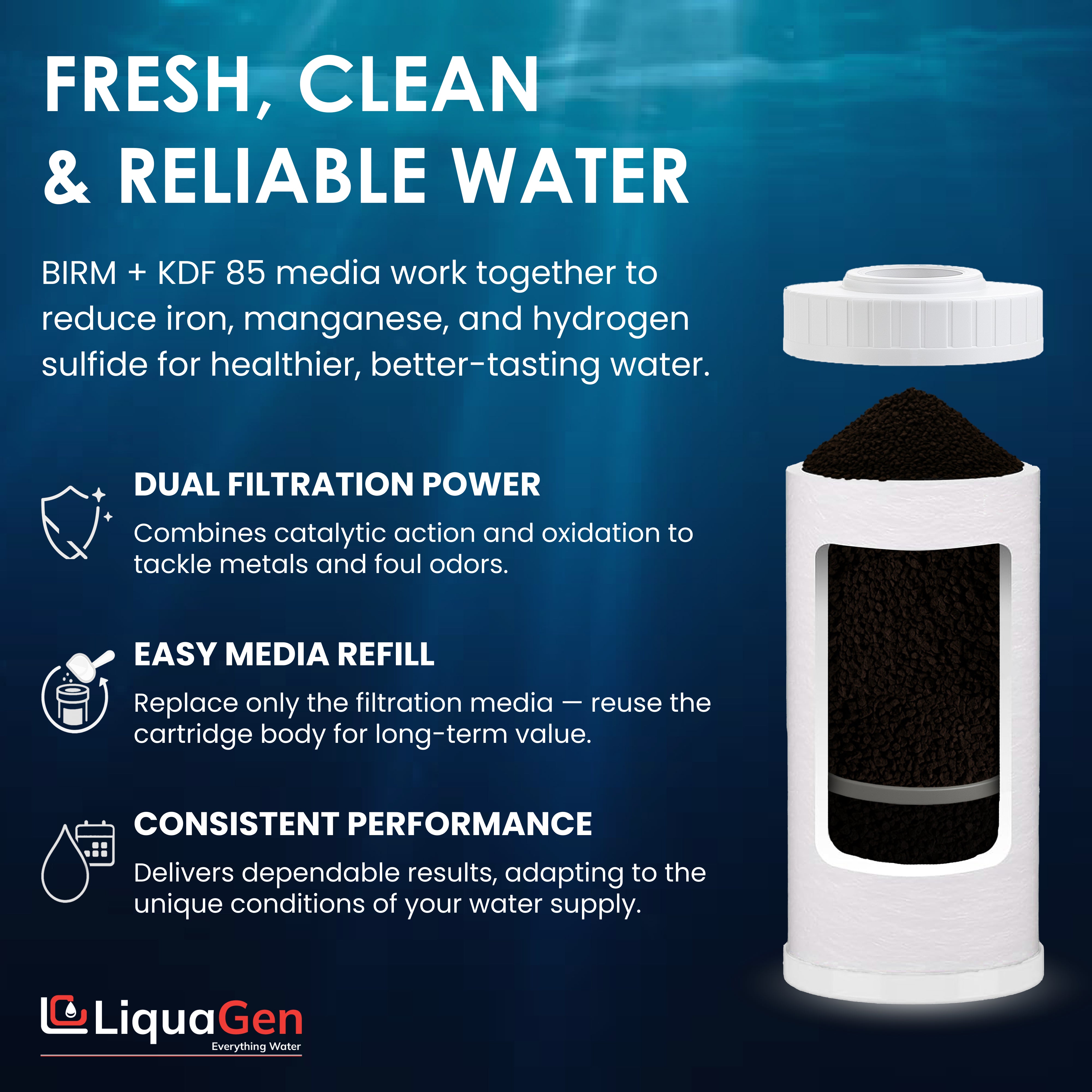 4.5" x 10"  BIRM / KDF 85 Filter Cartridge (Iron, Manganese, Sulfur & Rotten Egg Smell Reduction) - LiquaGen Water