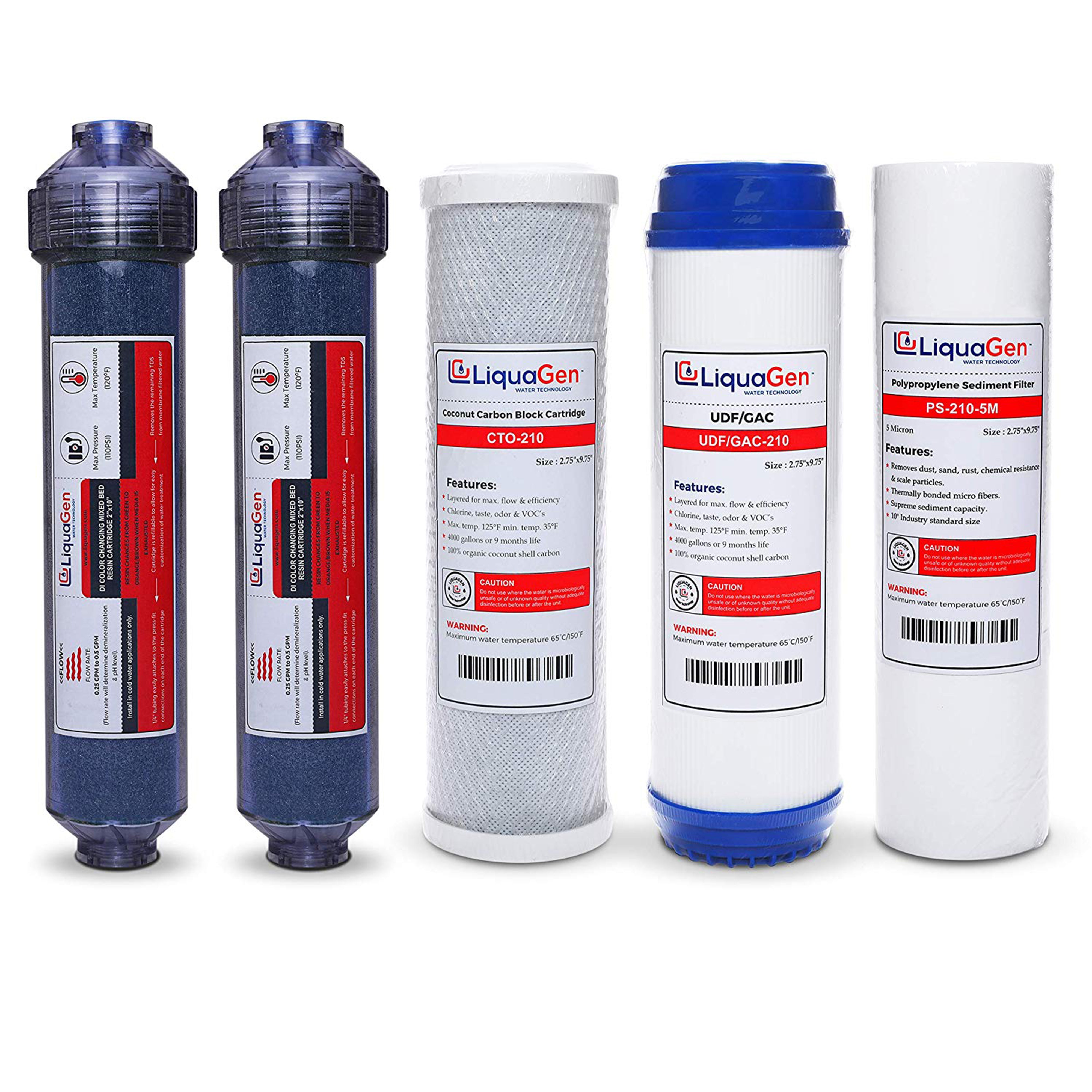 LiquaGen - 6 Stage RO/DI Yearly Replacement Filter Kit - Pre Filters with Inline Deionization - Stage 1,2,3,5 & 6