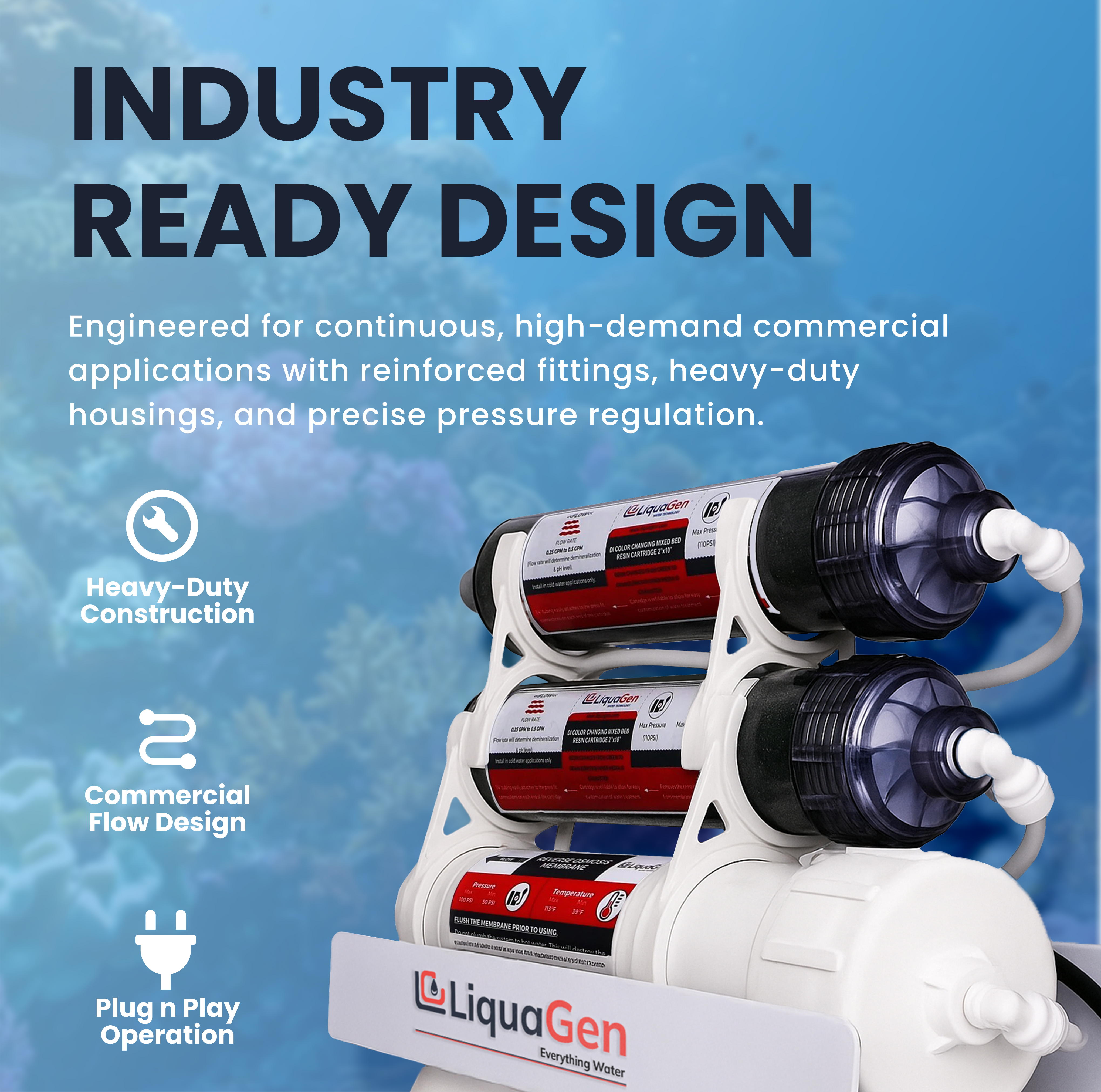 Commercial Grade Reverse Osmosis + Deionization (RO/DI) Water Filtration System - 400 GPD - 0 TDS Booster Pump - LiquaGen Water