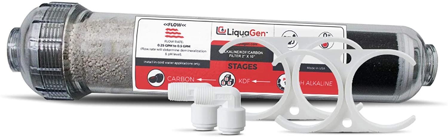 3 Stage - LiquaGen Inline Alkaline/KDF/Carbon Mineral Drinking Water Filter | 2" x 10" | Reverse Osmosis Mineral Home Water Filter | Will Help Restore Body's pH Level and Remineralization of Important Nutrients - LiquaGen Water