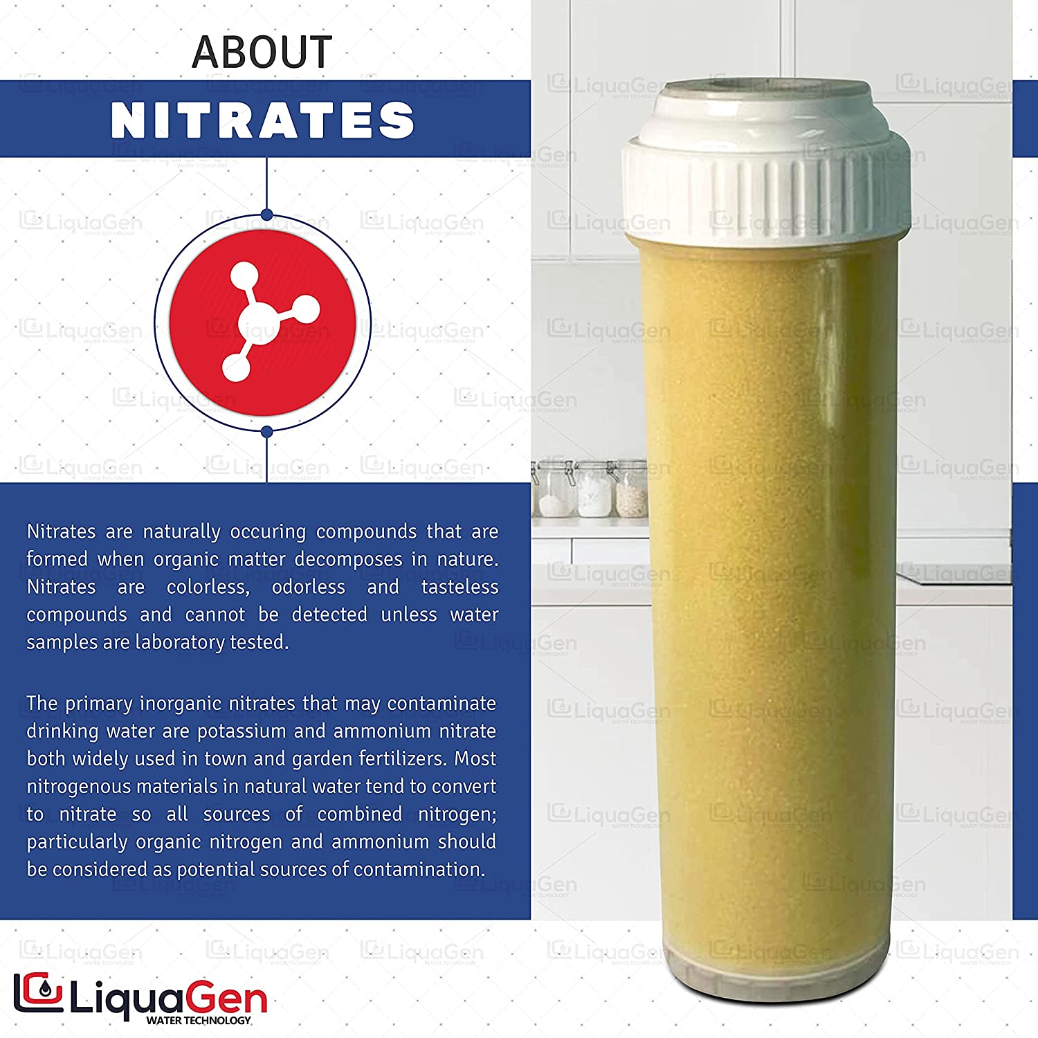 Nitrate Reduction Water Filter Cartridge: Strong Base Anion | Universal Sized 2.75" x 9.75" | Rearguard for Municipal & Well-Water Sources - LiquaGen Water
