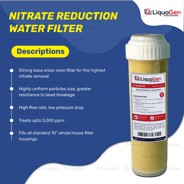 Nitrate Reduction Water Filter Cartridge: Strong Base Anion | Universal Sized 2.75" x 9.75" | Rearguard for Municipal & Well-Water Sources - LiquaGen Water