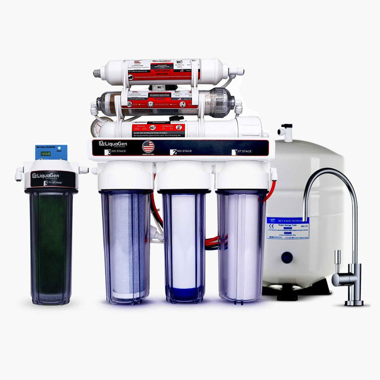 7-Stage Dual Under Sink Reverse Osmosis Deionization RODI + pH Anti-Oxidant Alkaline Water Drinking System | 3.2 Gallon Storage Tank + Faucet - LiquaGen Water