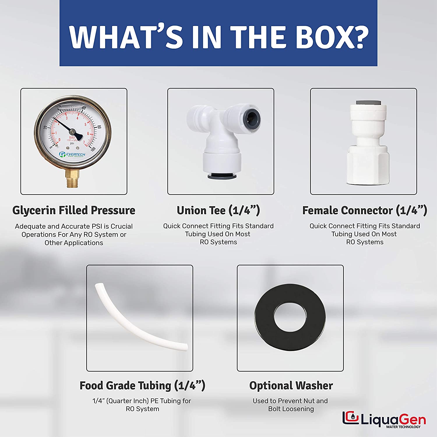 Glycerin Filled Water Pressure Gauge Kit 2.5" Dial 1-100 PSI w/ Install parts - LiquaGen Water