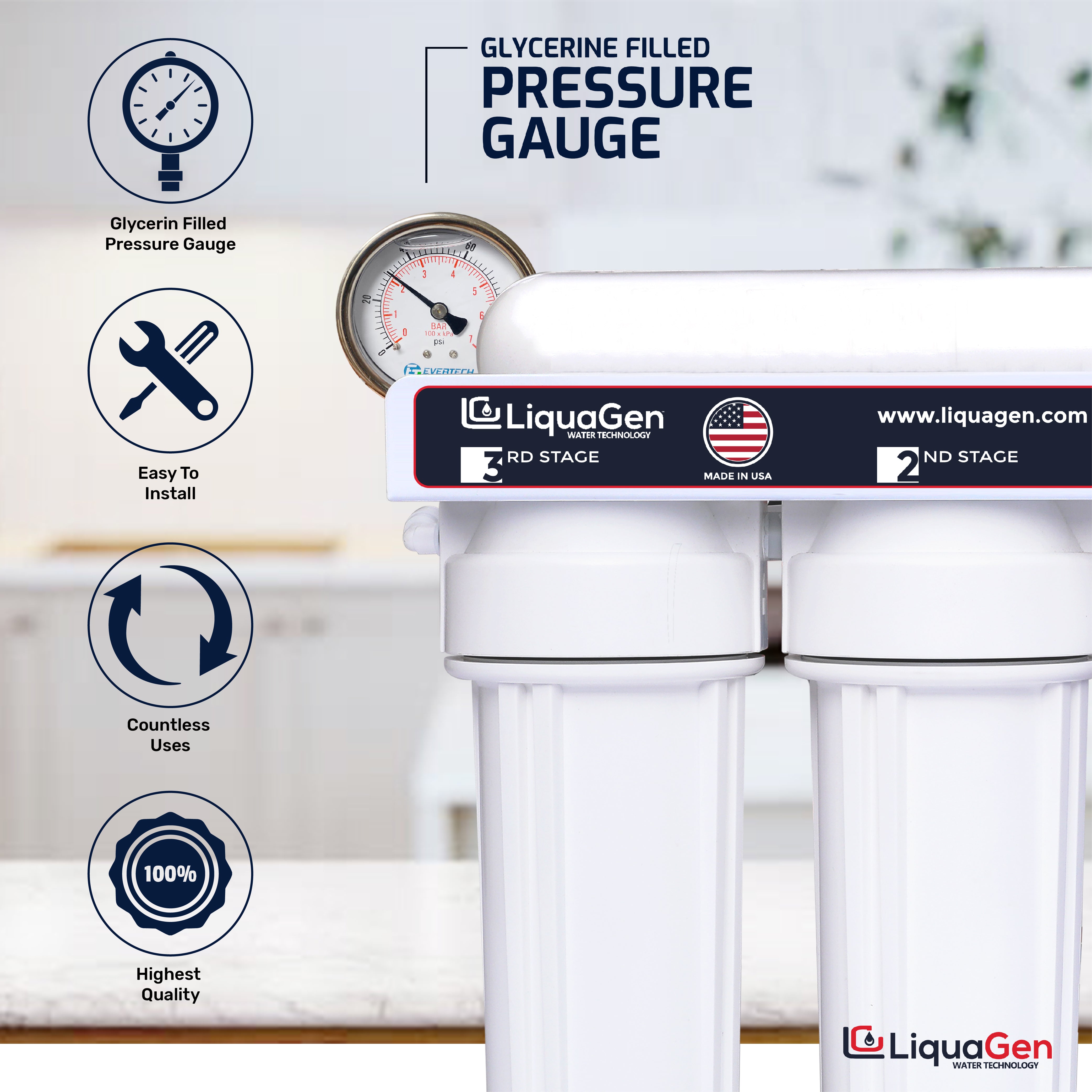 Glycerin Filled Pressure Gauge (1-100 PSI) + HM Digital TDS Meter + Tube Cutter - LiquaGen Water